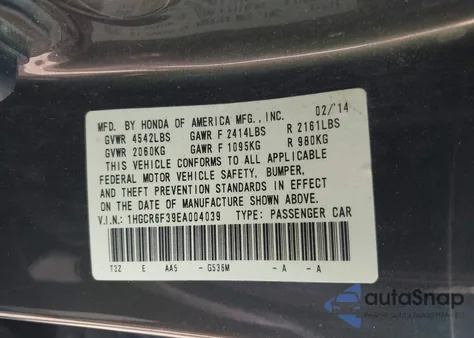 2014 Honda Accord Hybrid from USA, damaged, VIN 1HGCR6F39EA004039